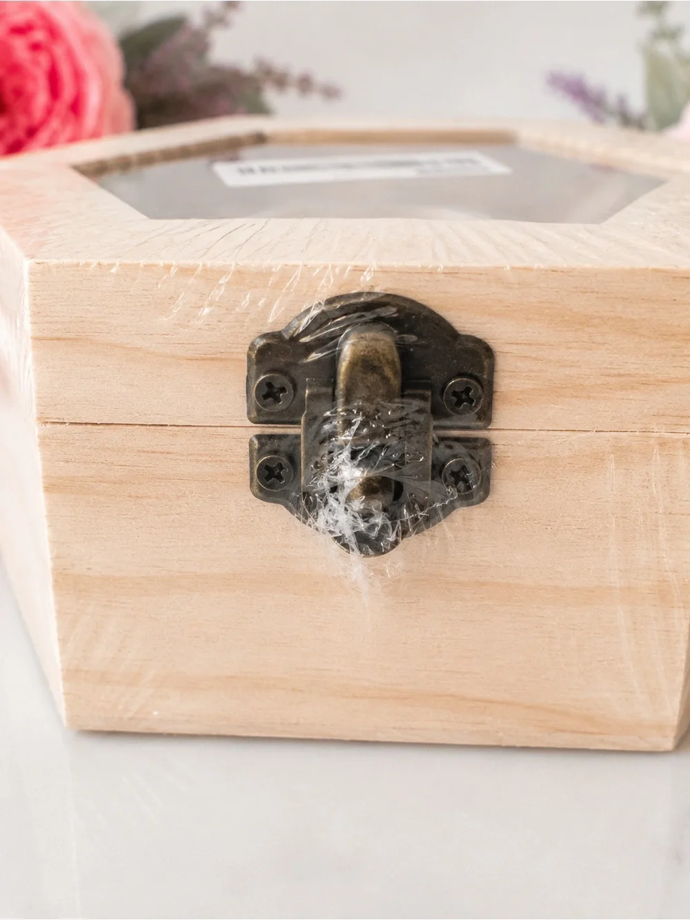 Hexagon Wooden Jewelry Box Clear Lid Natural Wood Keepsake Storage